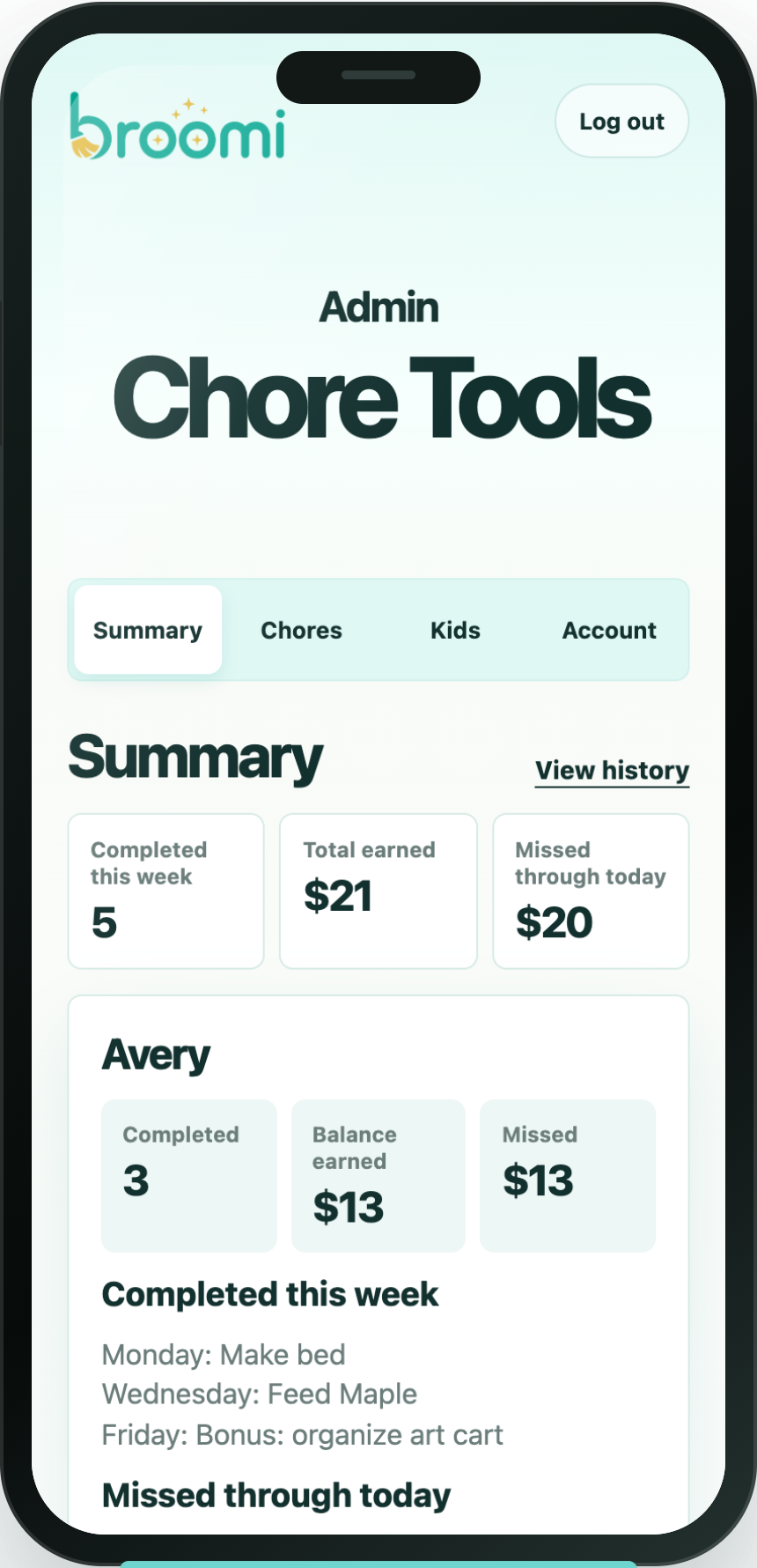 Broomi parent summary showing completed chores, earnings, and missed chores