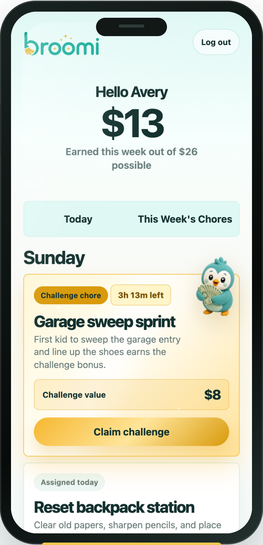 Broomi kid dashboard showing a golden challenge chore and today's chores