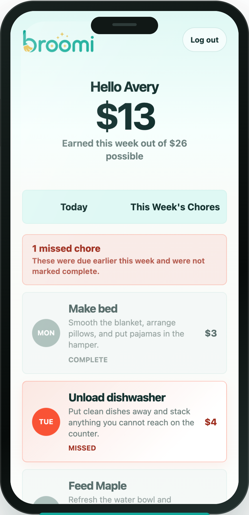 Broomi weekly chore view showing completed and missed chores