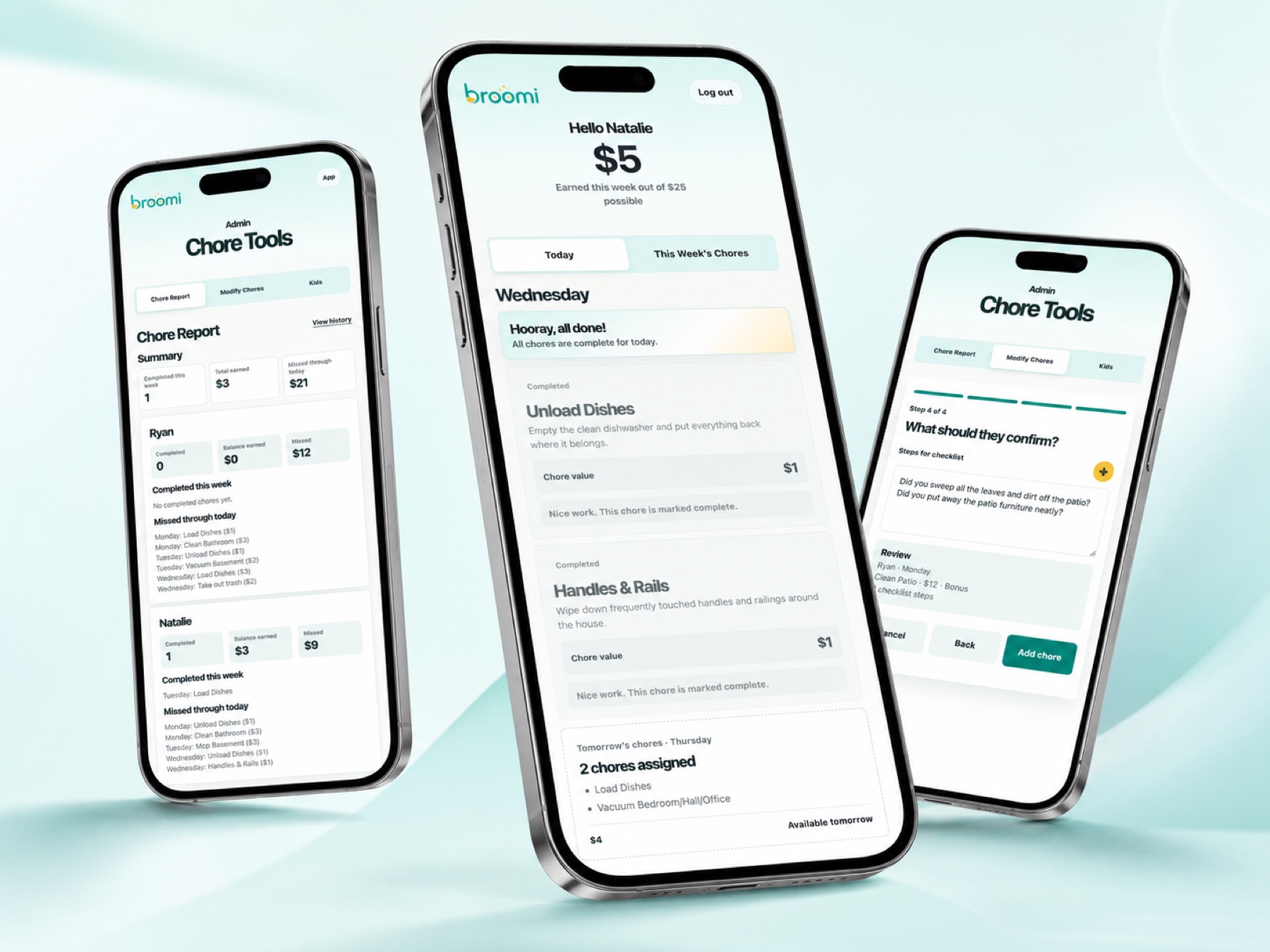 Three Broomi phone screens showing kid chores and parent admin tools
