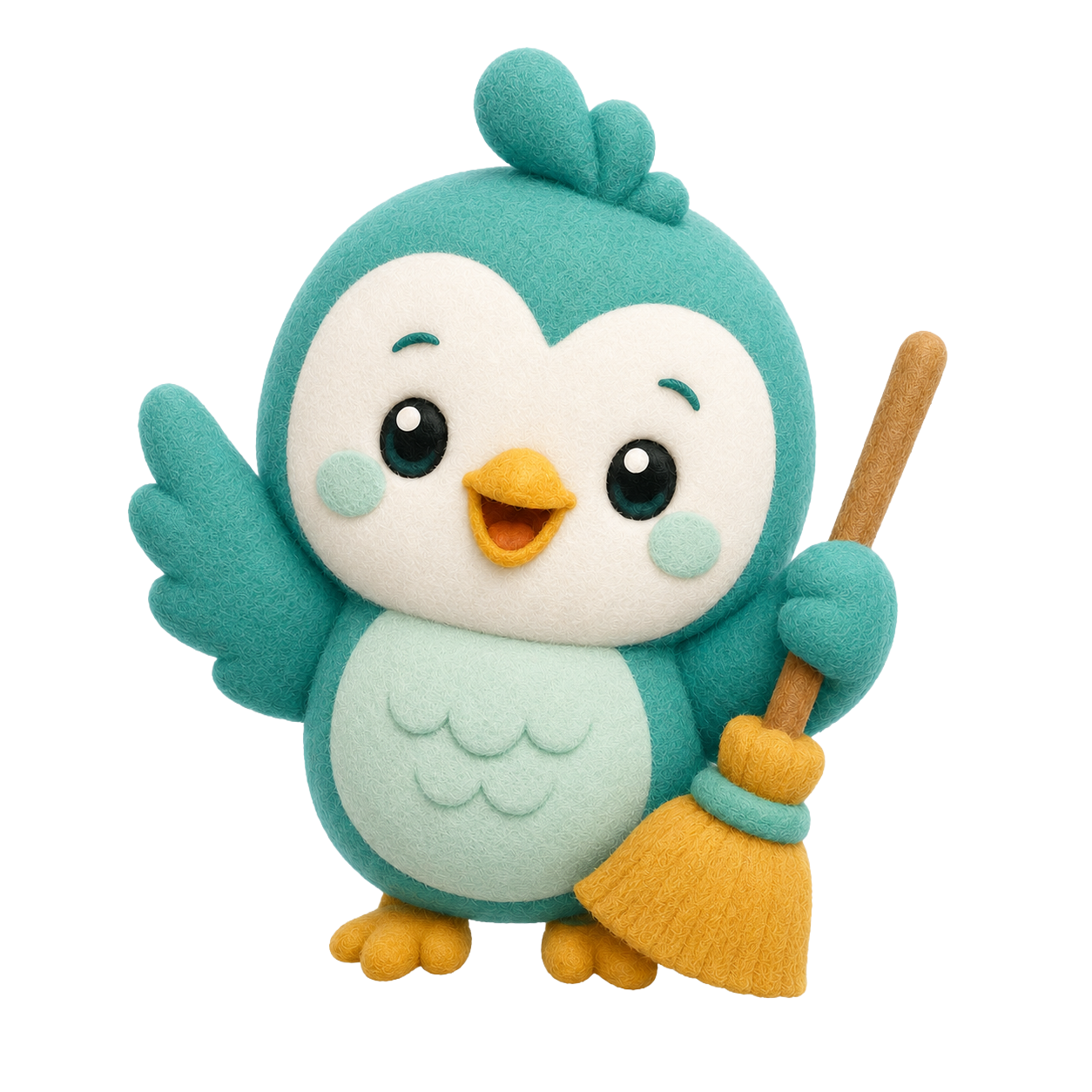 Broomi mascot holding a broom