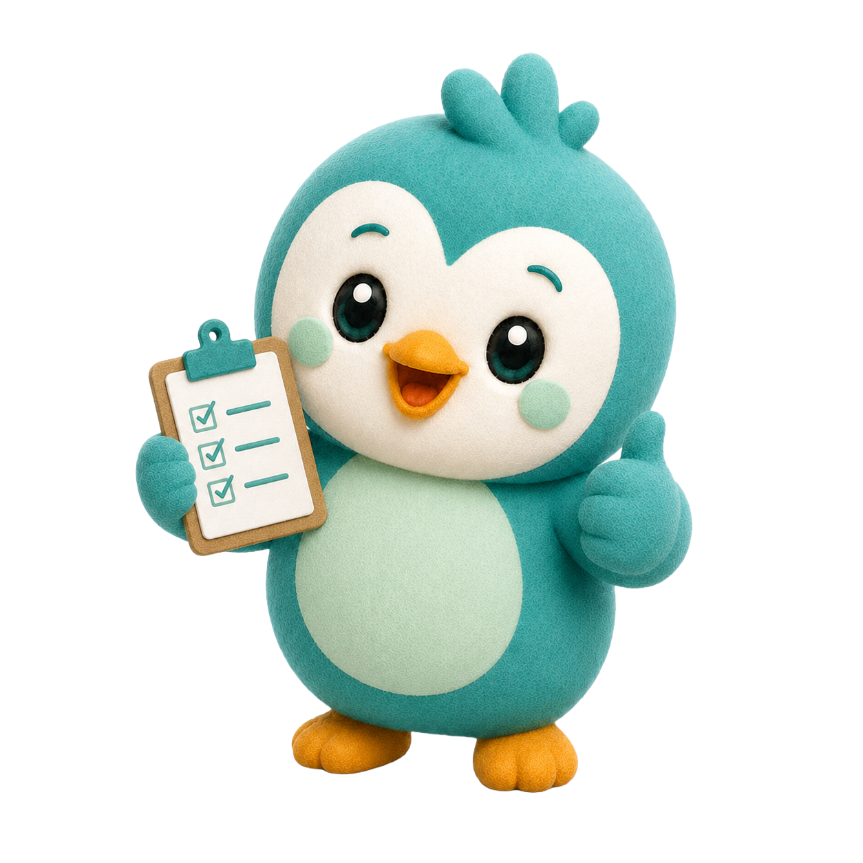 Broomi mascot holding a completed checklist